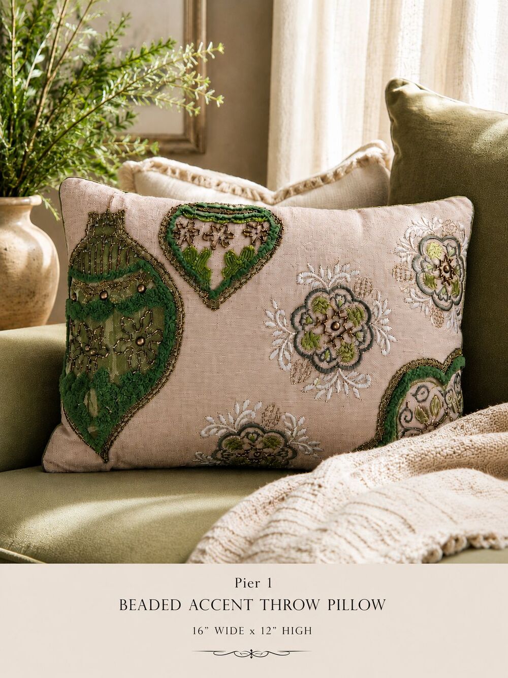 Pier 1 Beaded Embroidered Throw Pillow 16x12 Green Floral Accent Decor